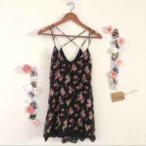 UO Black Floral Laced Shift Dress